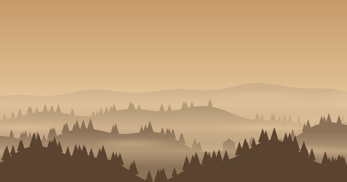 Illustration of the Cerrado in the dry season atmosphere: hills in layers, mist and a small house