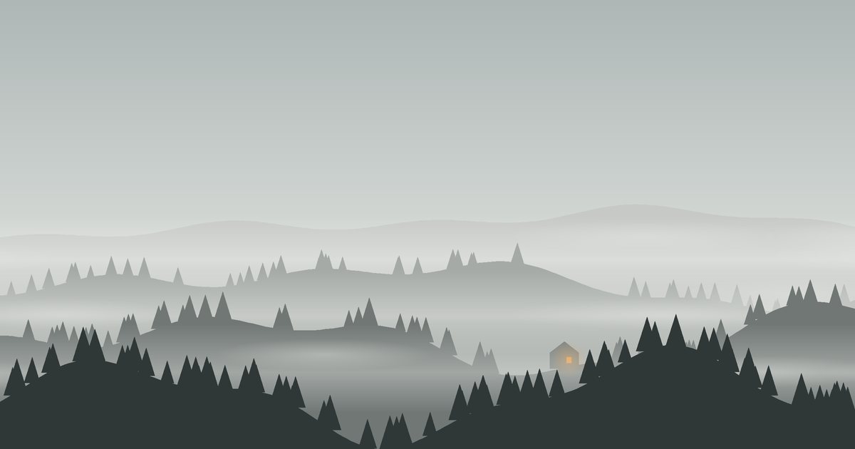 Illustration of the Nordic fog atmosphere: hills in layers, mist and a small house
